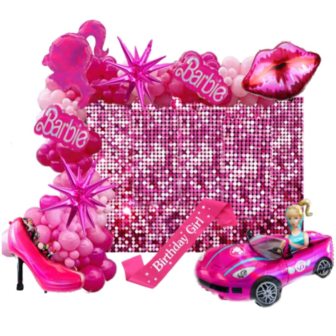 BARBIE GLITTERS BALLOON GARLAND KIT Pack of 314 and 1 Backdrop - Live Shopping Tours