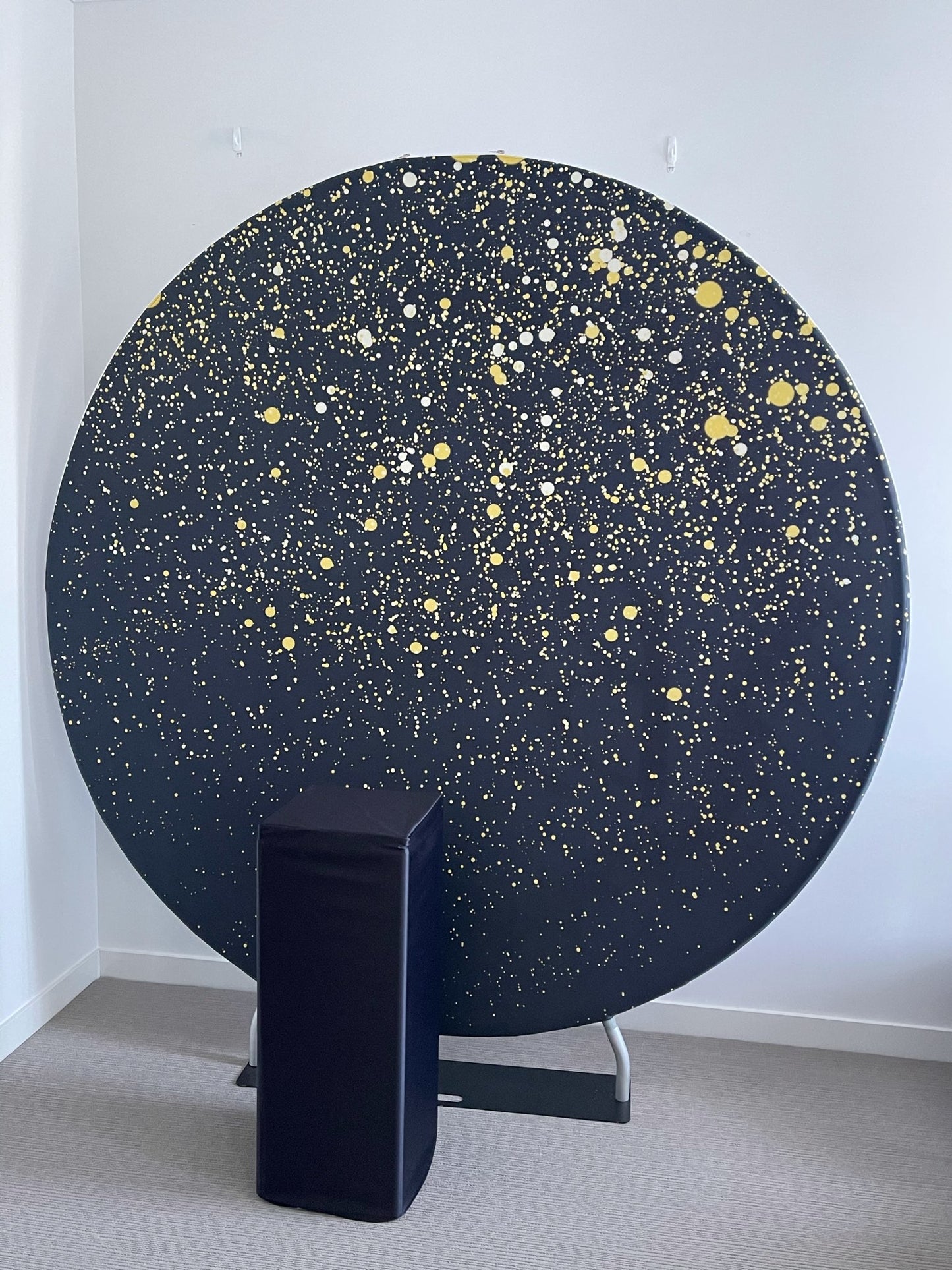 Round Fabric Backdrop Yellow ,Black and Gold Hire - Live Shopping Tours